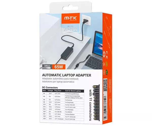 Cargador para port&aacute;til universal autom&aacute;tico 65W / 11 conectores / 1.2m / AT963 / Mtk