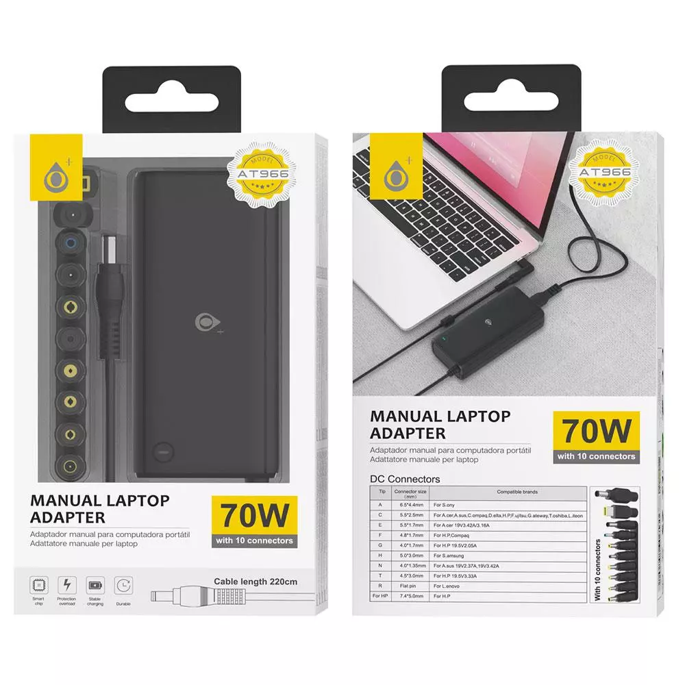 Cargador para port&aacute;til universal Manual 70W AT966 / 10 conectores / 2.2m / 4a Max / One+