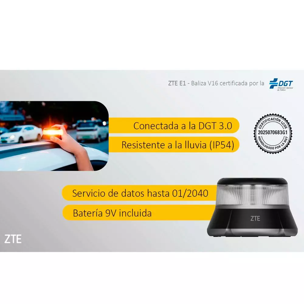 Baliza Geolocalizable ZTE E1 / Homologada V16 / DGT 3.0 / Luz Flash / Visibilidad + 1 km / IP54 / 1x pila 9v