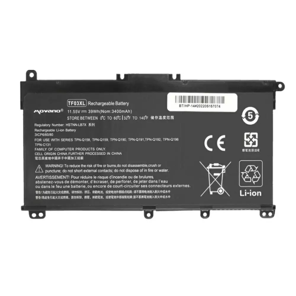 Bater&iacute;a compatible para port&aacute;til HP TF03XL 11.55V 3400mAh Movano