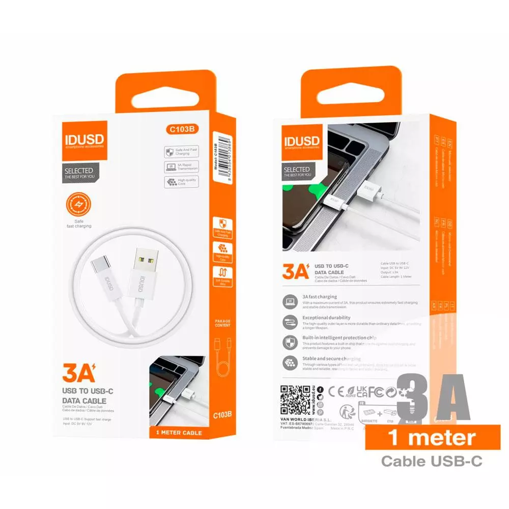 Cable datos USB a Type-C M/M / 1m / 3a / Blanco / IDUSD / C103B