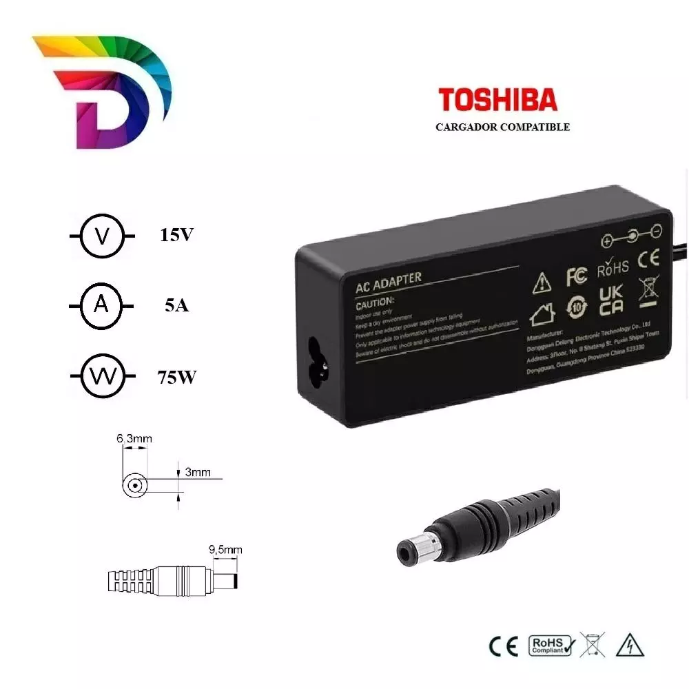 Cargador compatible para port&aacute;til TOSHIBA 75W 15V 5A 6.3x3.0 mm Dayma