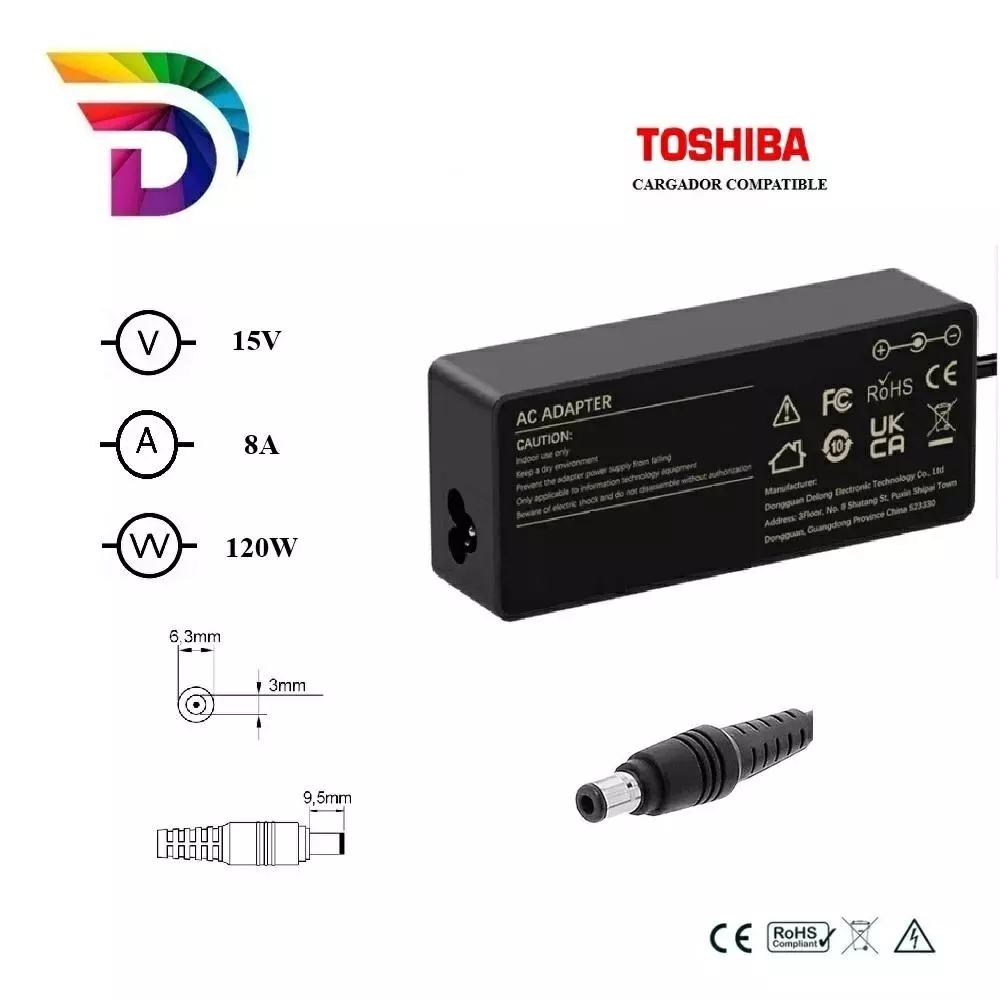 Cargador compatible para port&aacute;til TOSHIBA 120W 15V 8A 6.3x3.0 mm Dayma