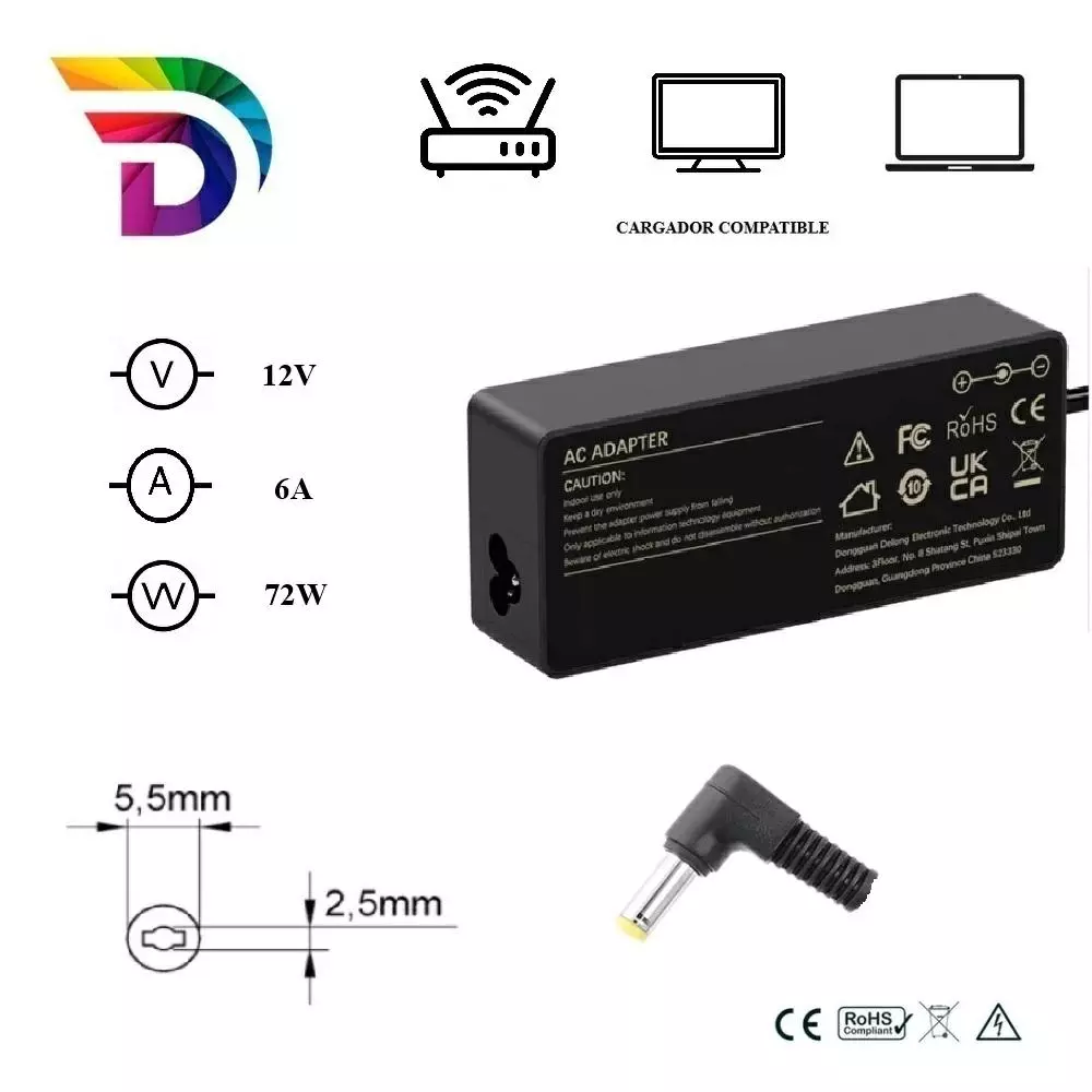 Cargador compatible universal para Router / LCD / Port&aacute;til 72W 12V 6A 5.5x2.5 mm Dayma