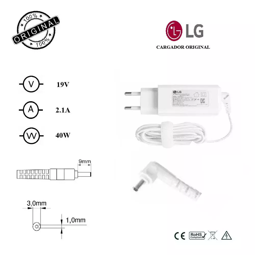Cargador original para port&aacute;til LG 40W 19V 2.1A 3.0x1.0 mm