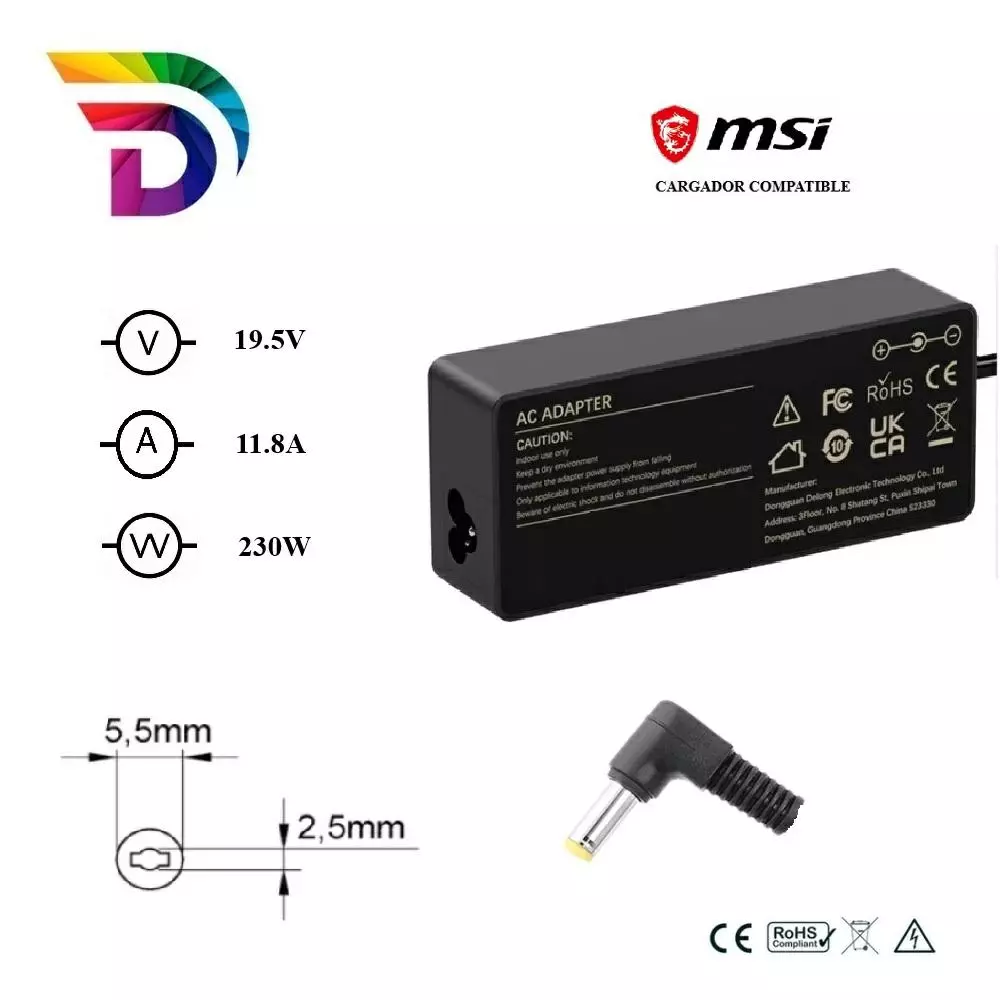 Cargador compatible para port&aacute;til MSI 230W 19.5V 11.8A 5.5x2.5mm Dayma