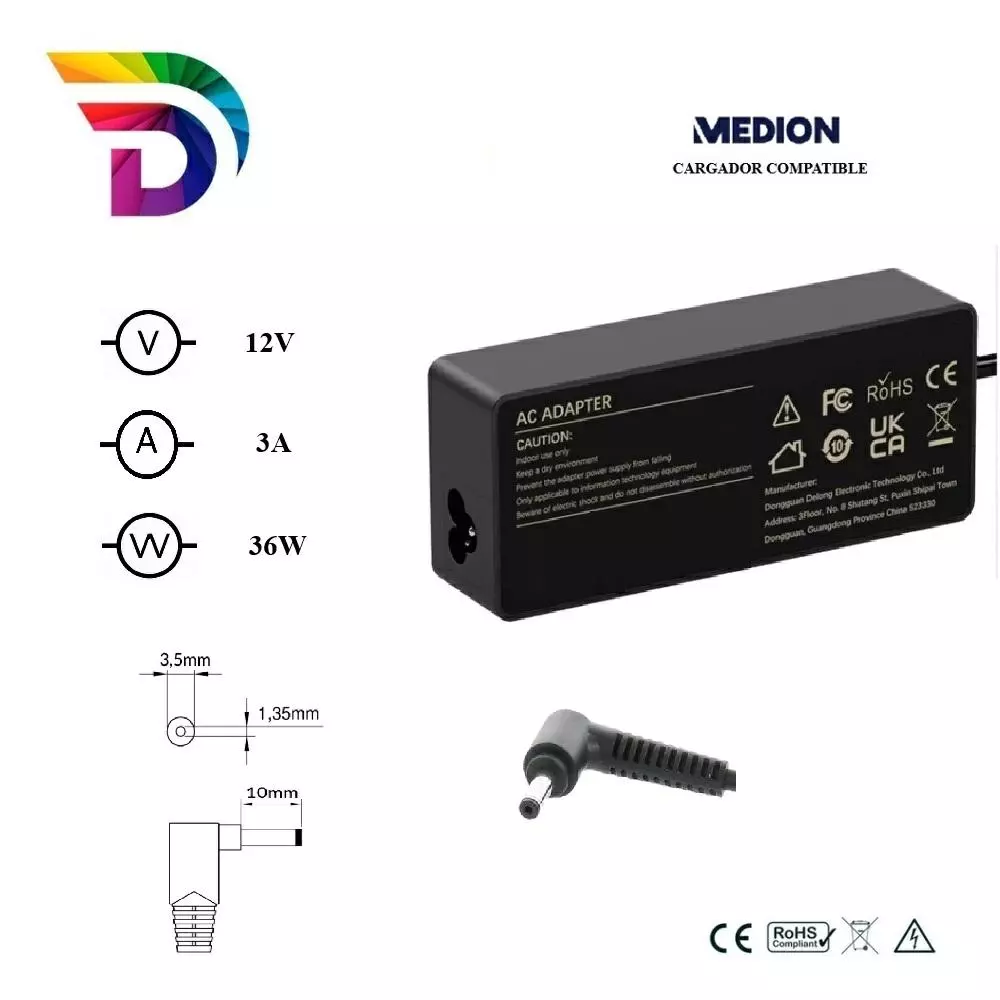 Cargador compatible para port&aacute;til MEDION 36W 12V 3A 3.5x1.35 mm Dayma