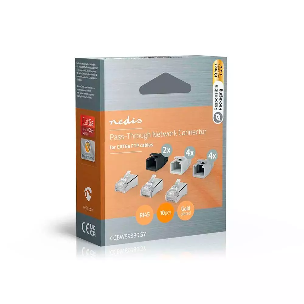 Conector RJ45 8 hilos cat.6A Ftp rigifo/flexible (pack 10 uds) / Pass-Through / Nedis CCBW89380GY