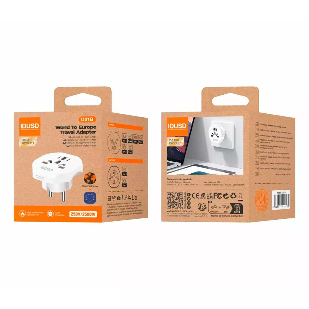 Adaptador enchufe internacional de viaje a Europa / Blanco / IDUSD / D01B