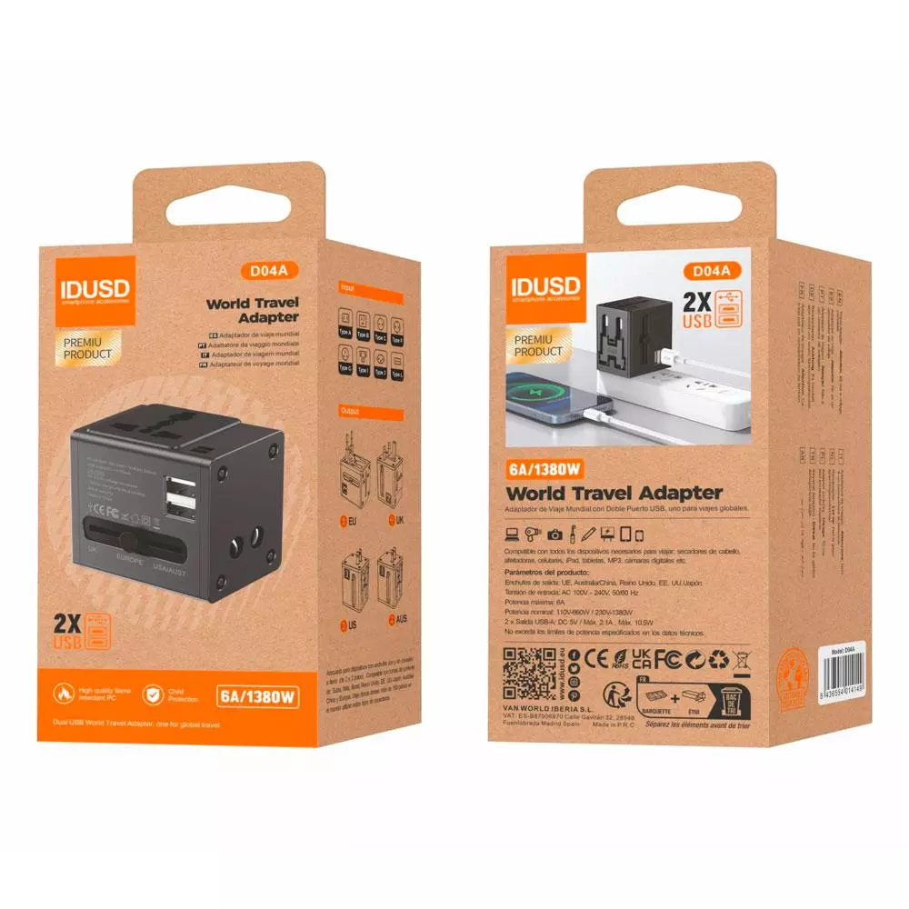 Adaptador enchufe internacional de viaje universal / Negro / IDUSD / D04A