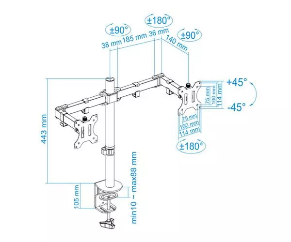 Soporte de mesa para 2 Monitores/Tv 13-32 Pulgadas / Giratorio e inclinable / 2 Brazos / Db1232tn-b