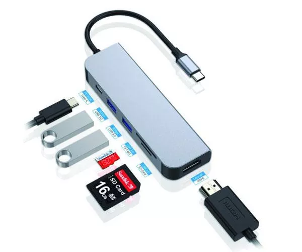 Hub Adaptador Type-C 6 en 1 Conceptronic / Hdmi - 2x Usb 3.0 - Lector SD - MicroSD - Type-C PD 60w /  DONN02G