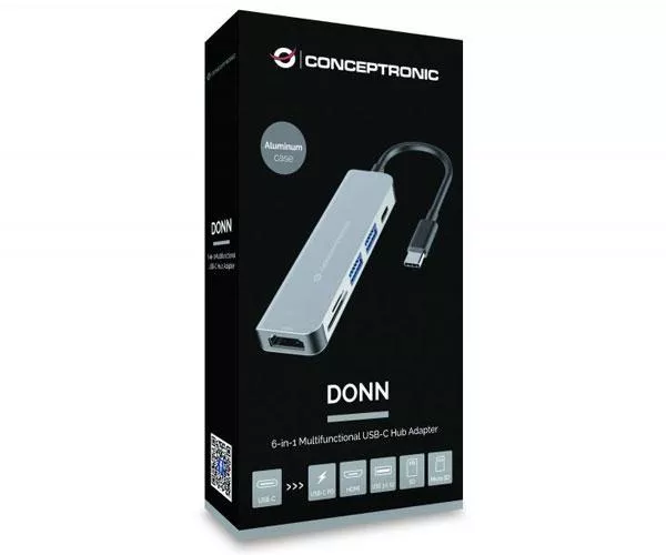 Hub Adaptador Type-C 6 en 1 Conceptronic / Hdmi - 2x Usb 3.0 - Lector SD - MicroSD - Type-C PD 60w /  DONN02G