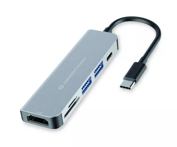 Hub Adaptador Type-C 6 en 1 Conceptronic / Hdmi - 2x Usb 3.0 - Lector SD - MicroSD - Type-C PD 60w /  DONN02G