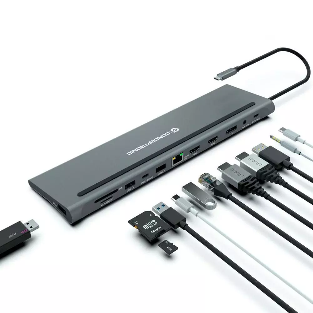 Hub Adaptador Type-C 12 en 1 Conceptronic  / 2x Hdmi / DP / Type-C PD 100w / 2x Usb 3.0 / LAN Gigabit / DONN17G