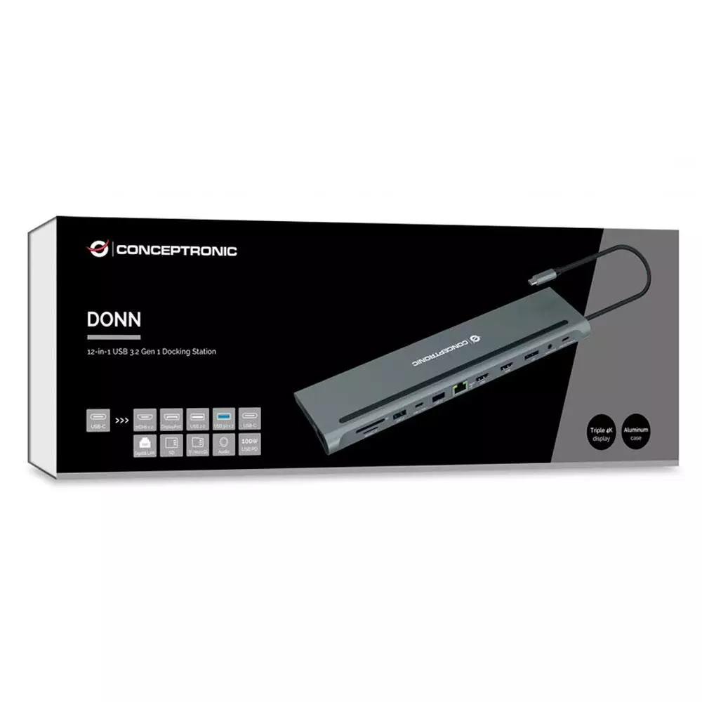 Hub Adaptador Type-C 12 en 1 Conceptronic  / 2x Hdmi / DP / Type-C PD 100w / 2x Usb 3.0 / LAN Gigabit / DONN17G