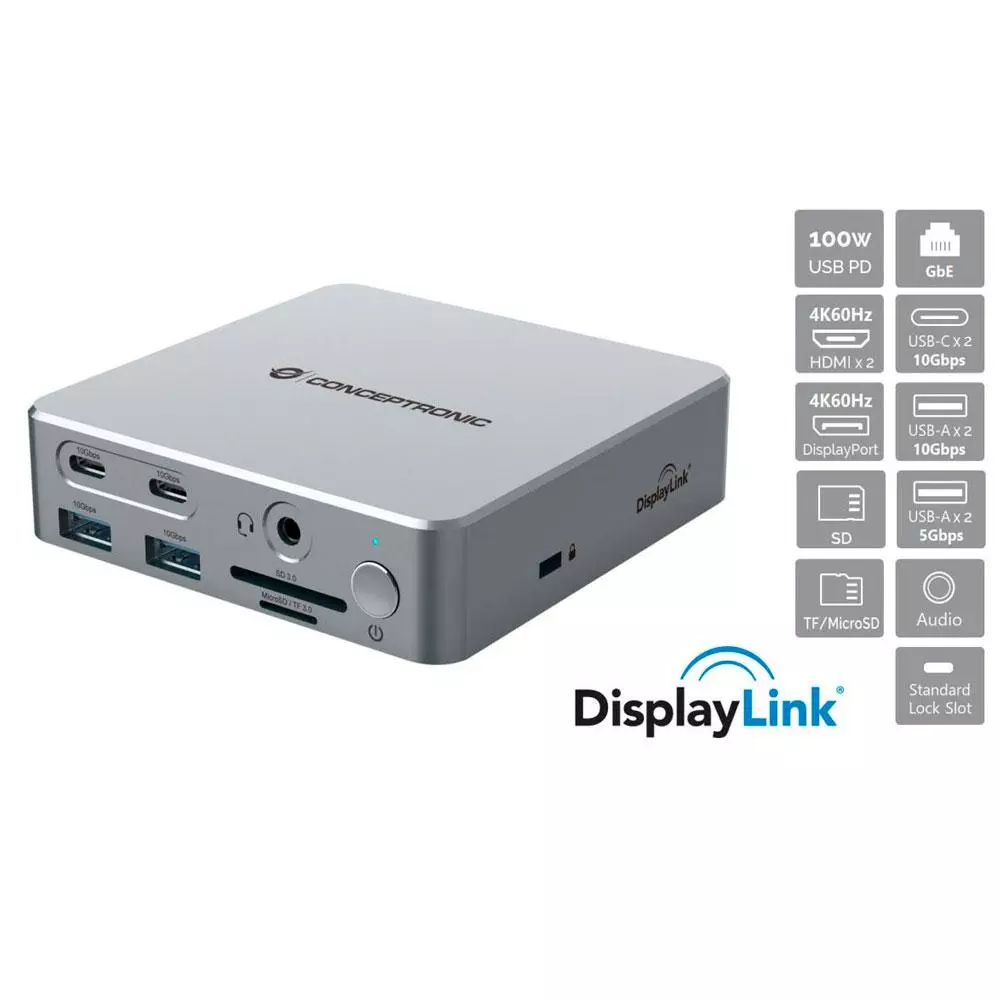 Docking Type-C 15 en 1 Conceptronic 100W PD / 2x Hdmi 4K / 2x Usb 3.2 / 2x Type-C / MicroSD / Jack 3.5mm / LAN Gigabit / DONN25G