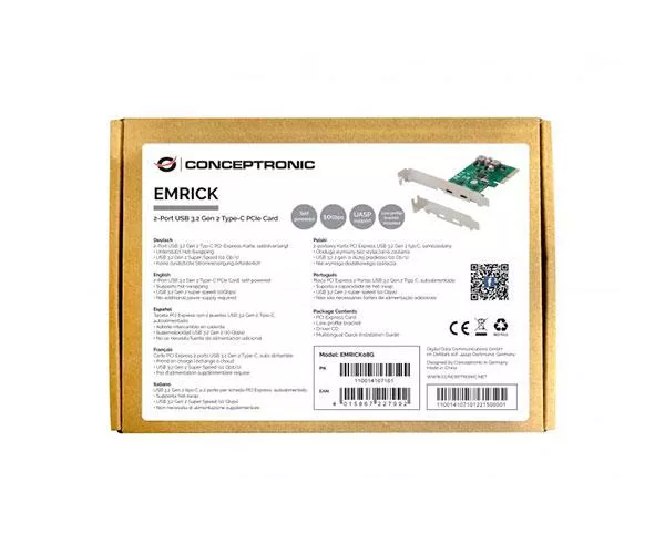 Tarjeta controladora Conceptronic Pci Express Type-C / 2 Puertos / Incluye soporte LP / Autoalimentada   EMRICK08G