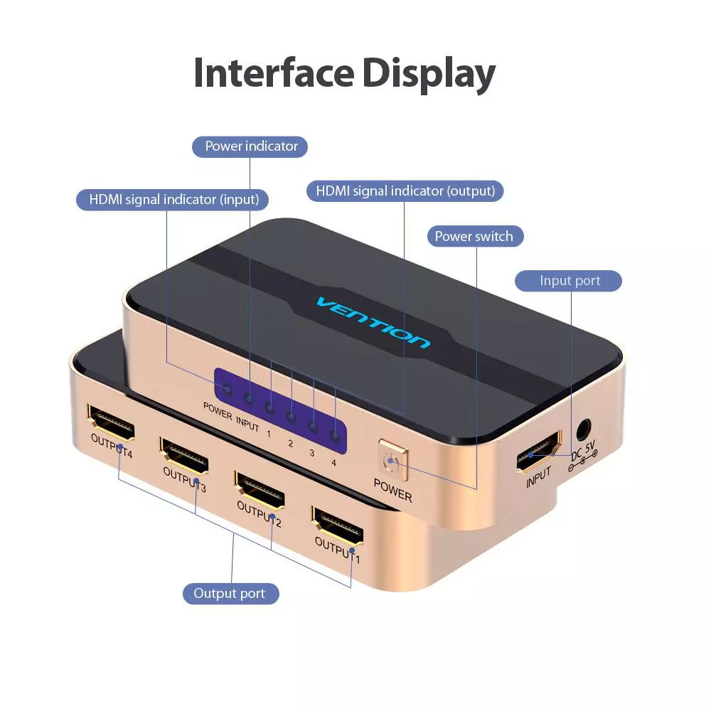 Splitter Hdmi 1x4 / 4K / Con alimentacion / Aluminio / Vention / Negro - Dorado / ACCG0-EU
