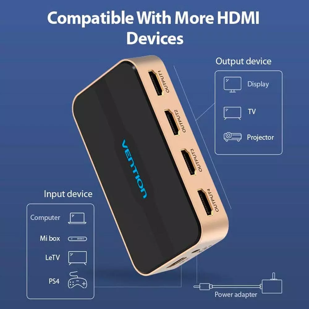 Splitter Hdmi 1x4 / 4K / Con alimentacion / Aluminio / Vention / Negro - Dorado / ACCG0-EU