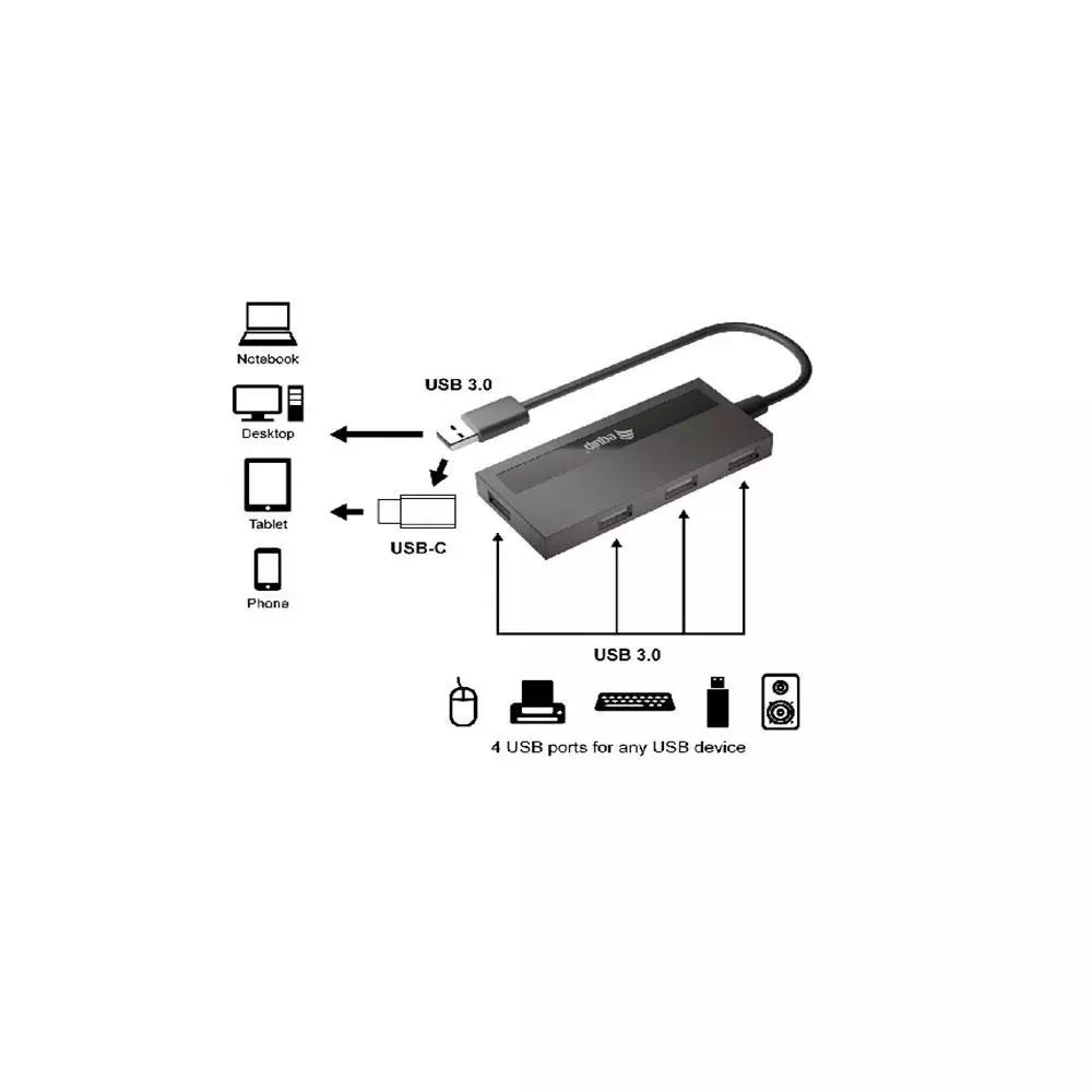 Hub 4 puertos USB 3.2 Equip / Negro/ EQ128956 / Incluye Adaptador Type-C