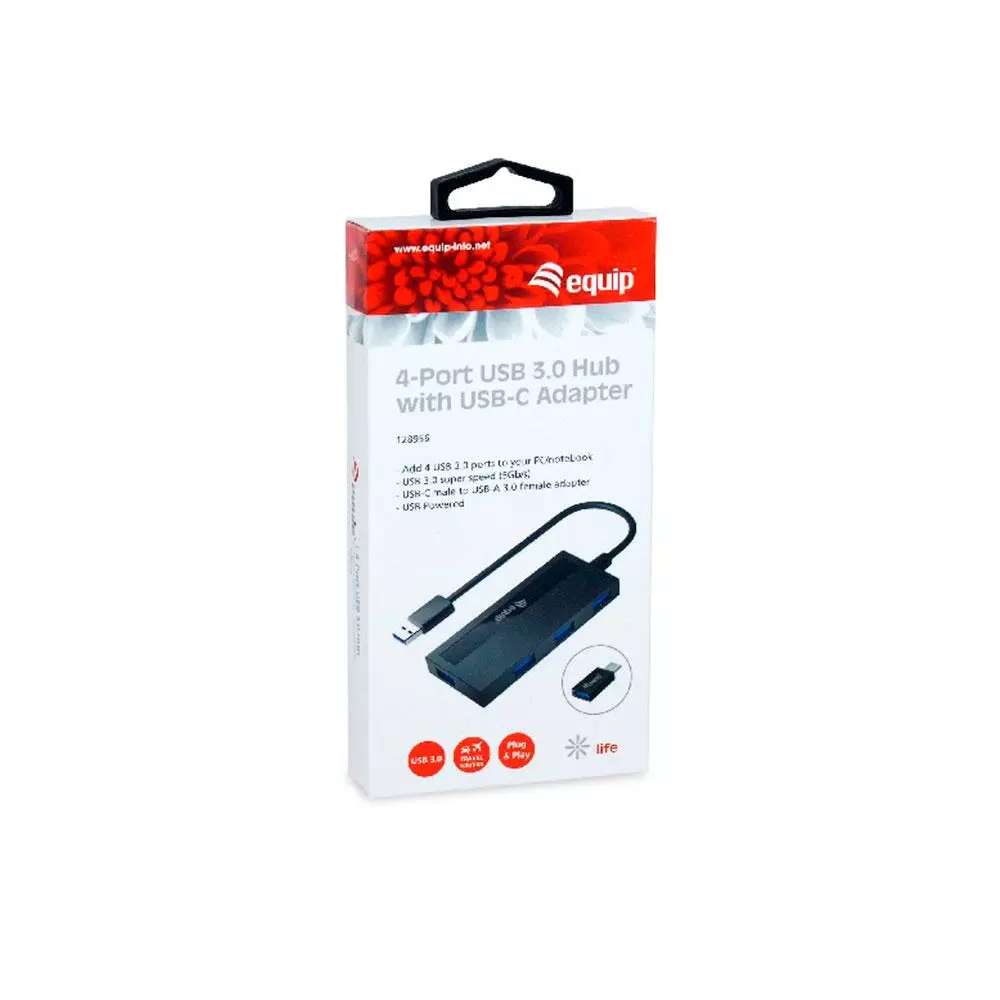 Hub 4 puertos USB 3.2 Equip / Negro/ EQ128956 / Incluye Adaptador Type-C