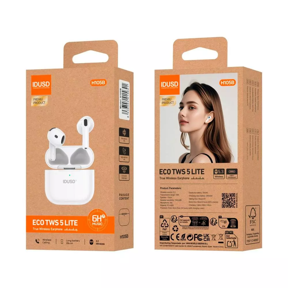 Auricular inal&aacute;mbrico IDUSD ECO Lite 6H Music / TWS / Bt 5.3 / 300 mAh / Blanco / H105B