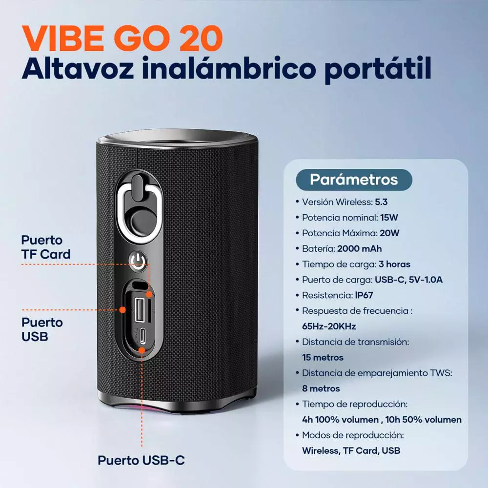 Altavoz Bluetooth 5.3 VIBE GO / 20w / 2000 mAh / IP67 / Led RGB / Tws / Microsd / Usb / IDUSD / H62A