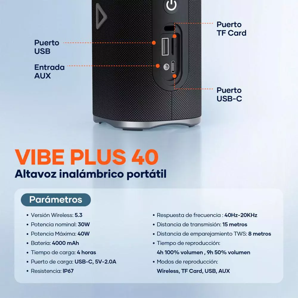 Altavoz Bluetooth 5.3 VIBE PLUS / 40w / 4000 mAh / IP67 / Led RGB / Tws / Microsd / Usb / IDUSD / H63A