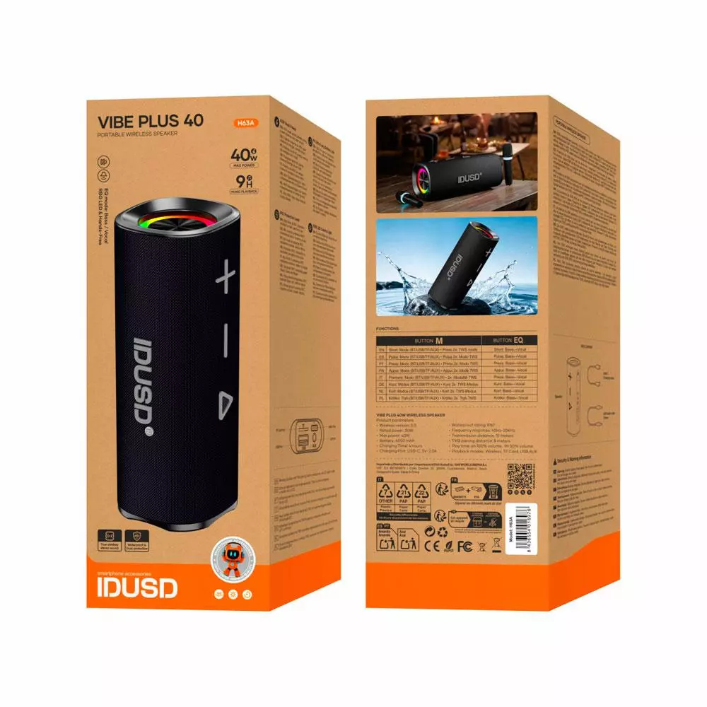 Altavoz Bluetooth 5.3 VIBE PLUS / 40w / 4000 mAh / IP67 / Led RGB / Tws / Microsd / Usb / IDUSD / H63A