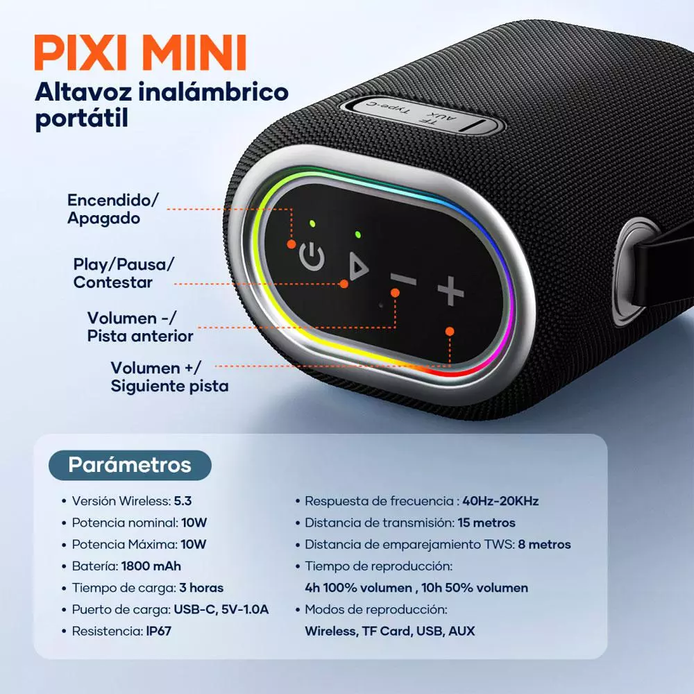 Altavoz Bluetooth 5.3 Pixi Mini / 12w / 1800 mAh / IP67 / Led RGB / Tws / Microsd / Usb / IDUSD / H65A