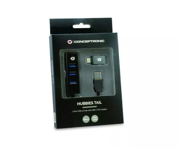 Hub 4 puertos Usb 3.0 Conceptronic HUBBIES TAIL / Incluye adaptador Type-C 3.0  HUBBIES04B