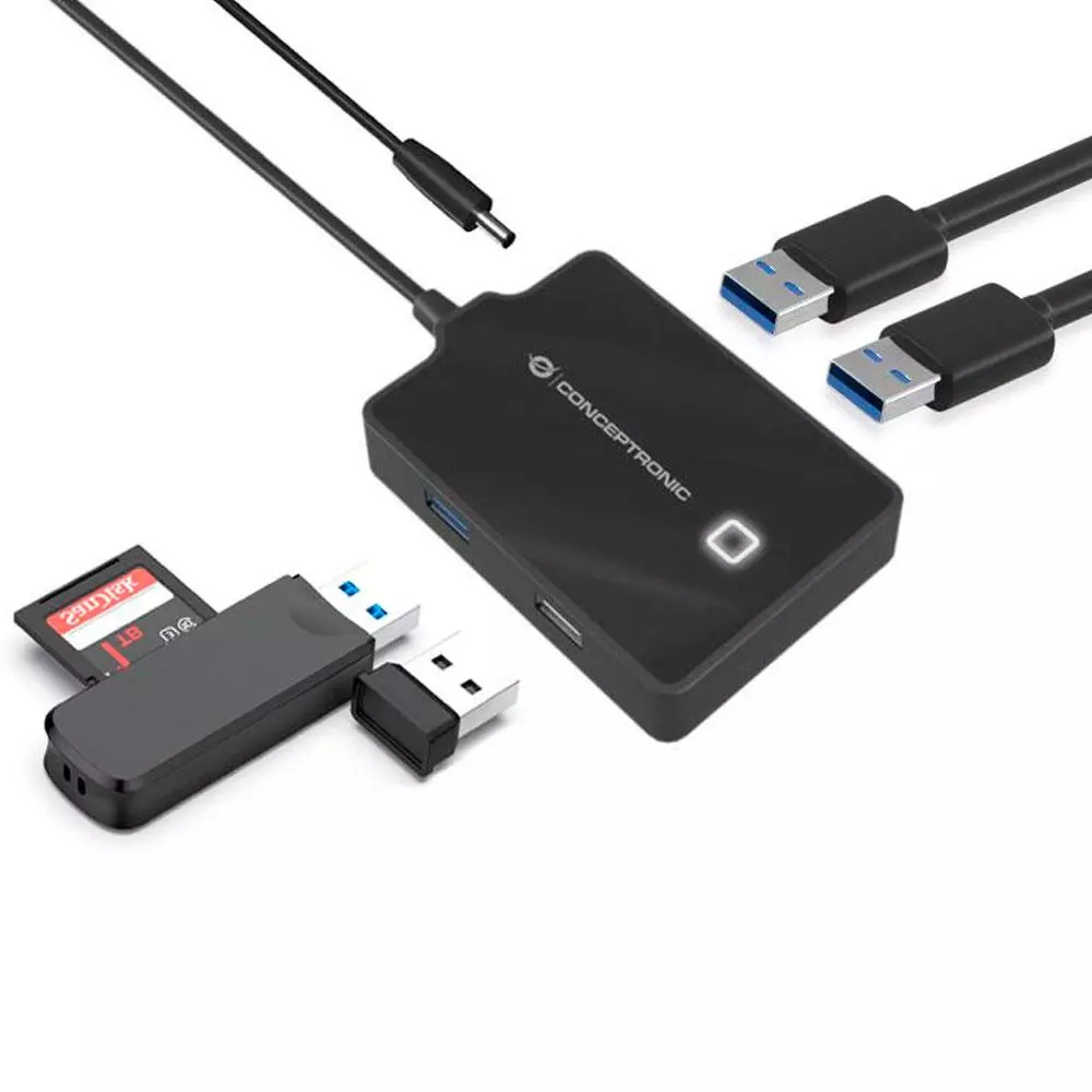 Hub 4 puertos Usb 3.0 Conceptronic HUBBIES10B / Cable 90 cm / Alimentado / Negro