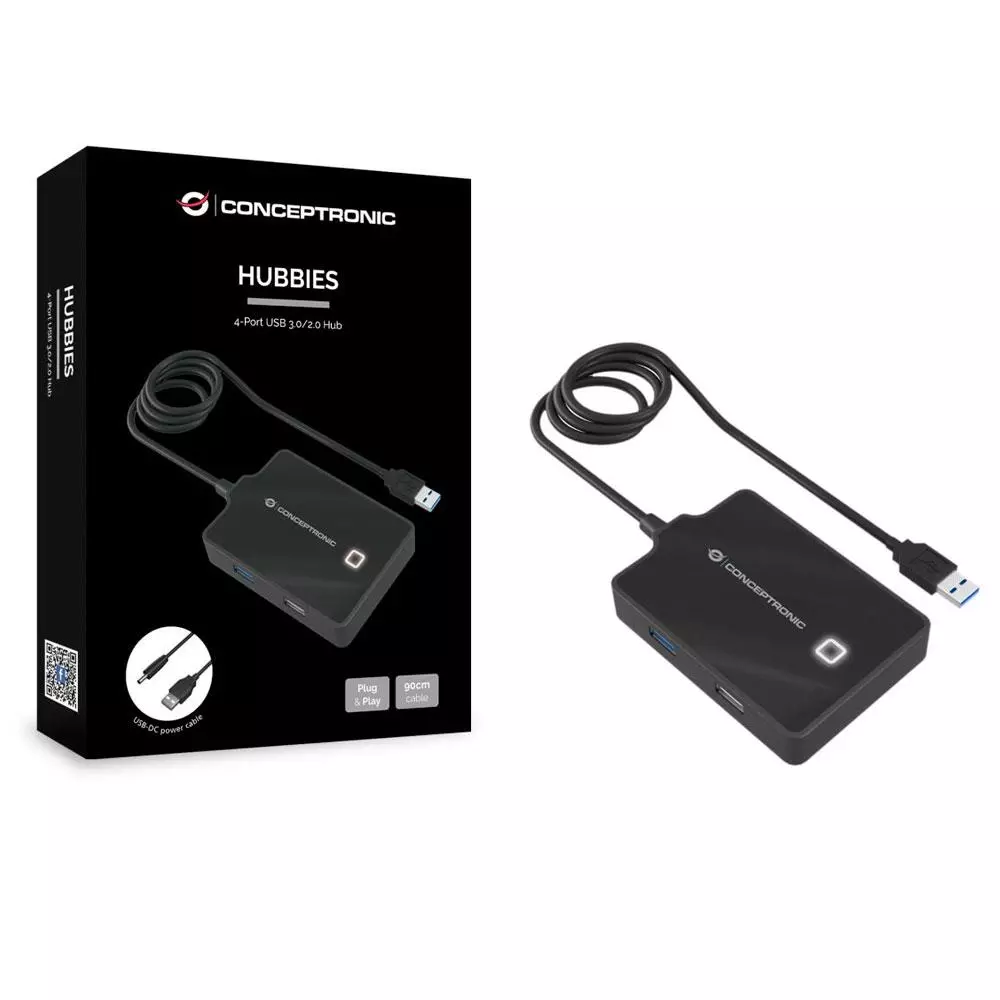 Hub 4 puertos Usb 3.0 Conceptronic HUBBIES10B / Cable 90 cm / Alimentado / Negro