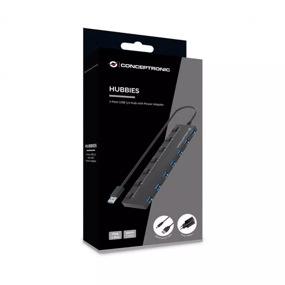 Hub 7 puertos Usb 3.2 Conceptronic / Alimentado / Con interrutores / incluye cargador / Negro / HUBBIES19BP