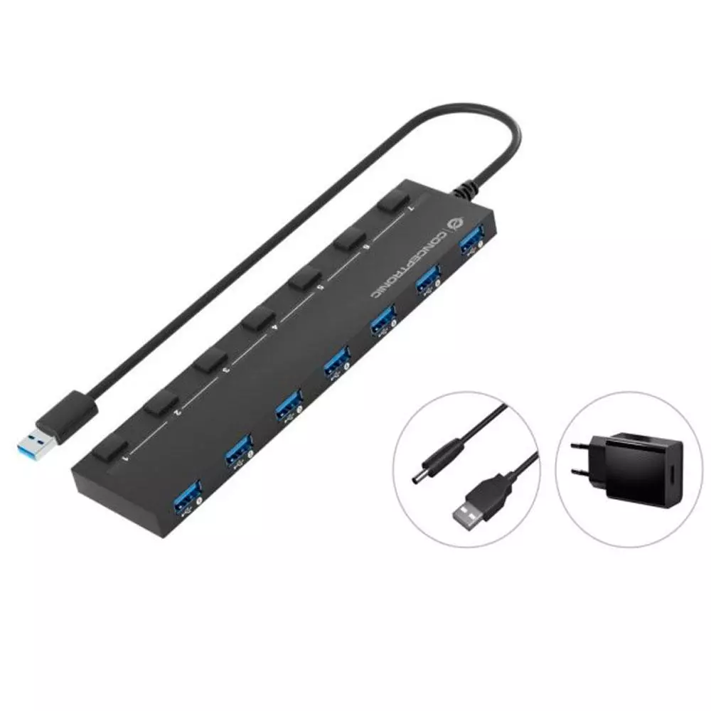 Hub 7 puertos Usb 3.2 Conceptronic / Alimentado / Con interrutores / incluye cargador / Negro / HUBBIES19BP
