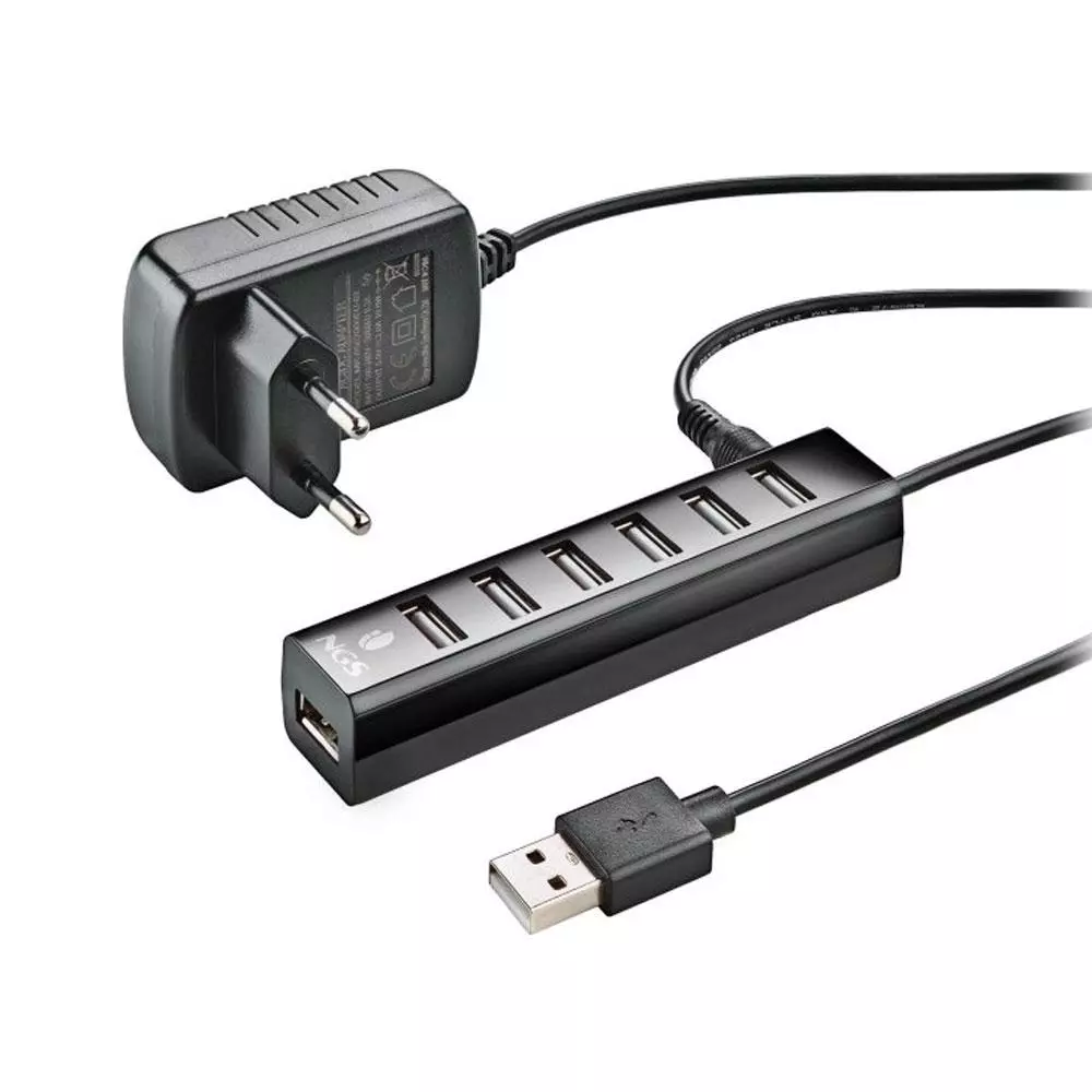 Hub 7 puertos USB 2.0 / NGS Ihub7 Tiny / Alimentado / Incluye Adaptador de Corriente / Negro