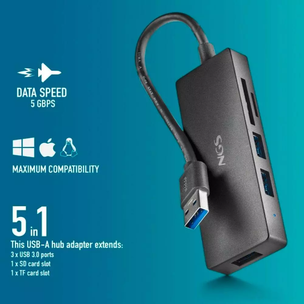 Hub Adaptador USB 3.2  NGS / 3x USB 3.2 / Lector Tarjetas SD -  MicroSD / IHUBREADER