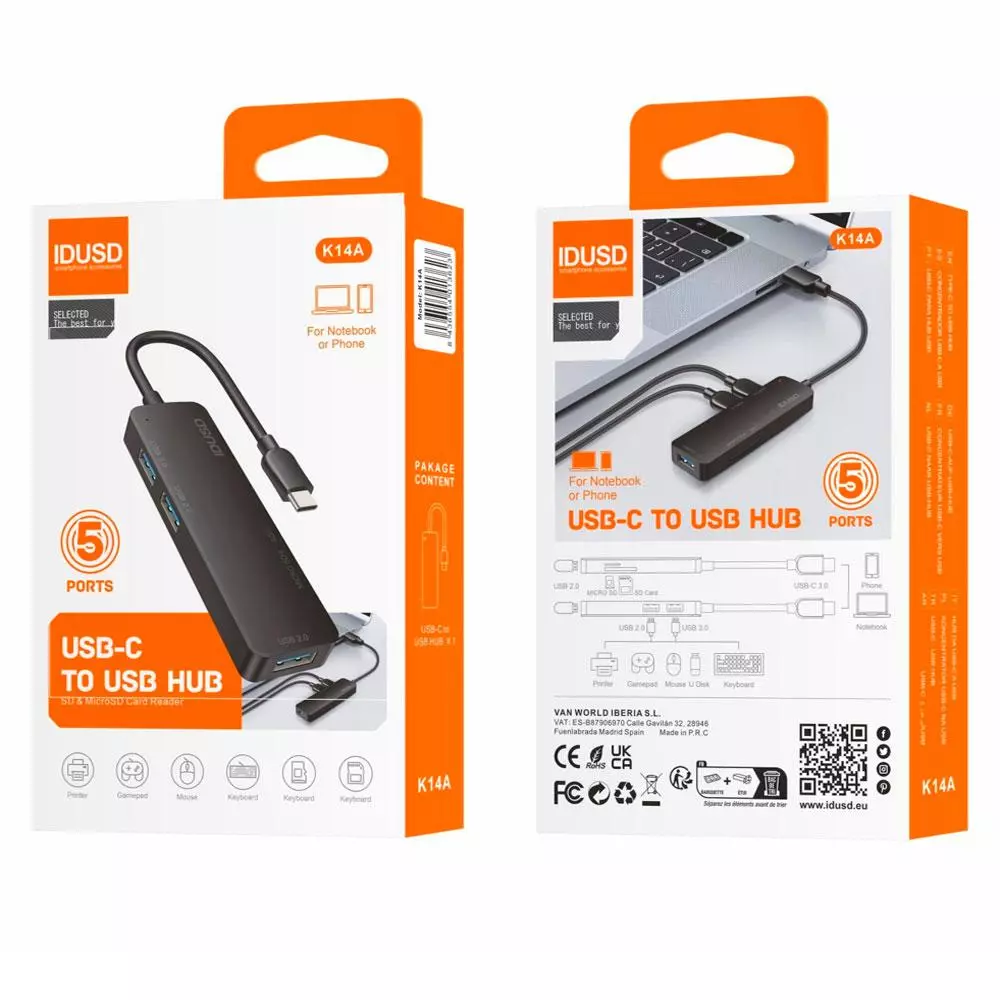Hub adaptador Type-C 5 en 1 / IDUSD / 2x USB 2.0 / 1xUSB 3.0 / Lector Tarjetas SD - MicroSD / K14A