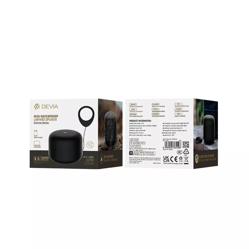Altavoz Inalambrico Devia Kintone Lanyard / 5W / 800 mAh / IPX7 / 10 metros / Negro