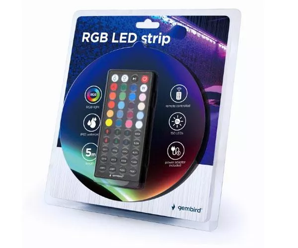 Tira de Luces LED / 5 metros / RGB / Control remoto / Resistencia al agua Ip65 / Incluye alimentador / Gembird / Led-s-rgb500-01