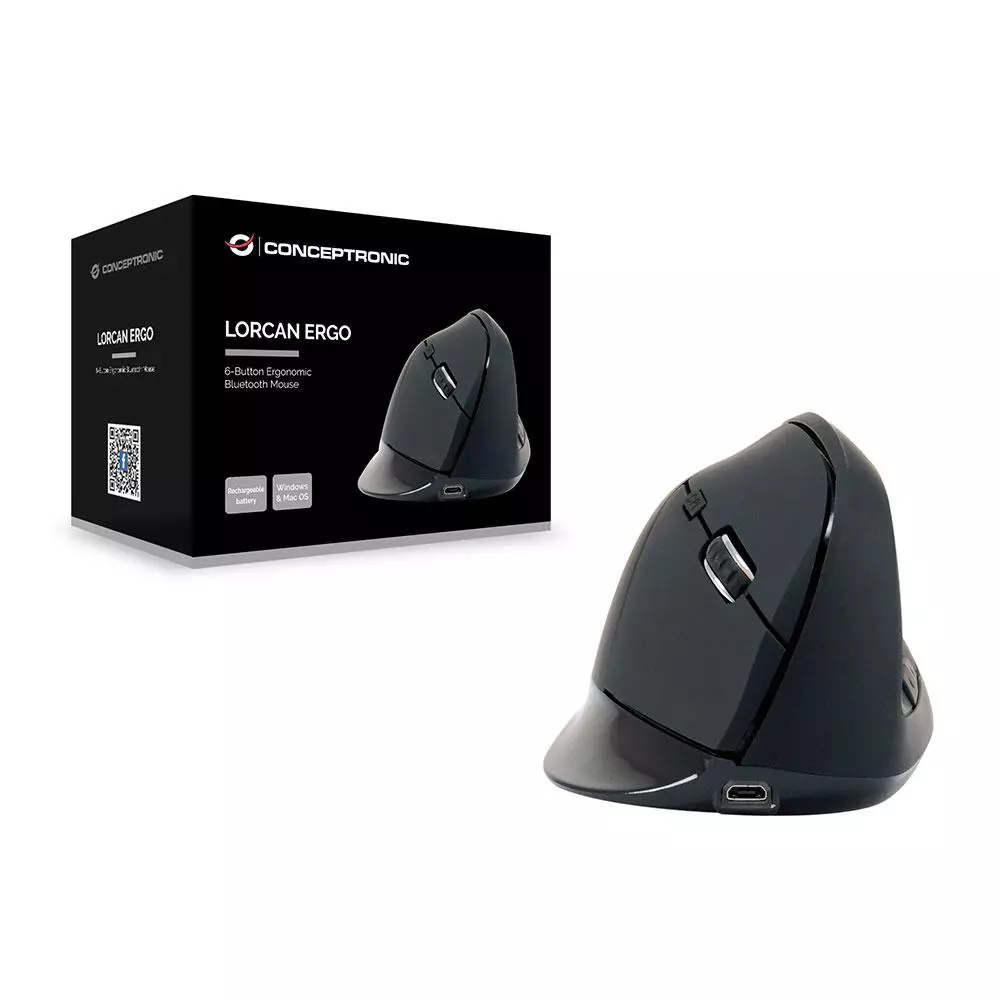 Raton &oacute;ptico Bluetooth Ergonomico vertical Conceptronic Lorcan03B  / 6 botones / 1600dpi / bateria recargable / Negro