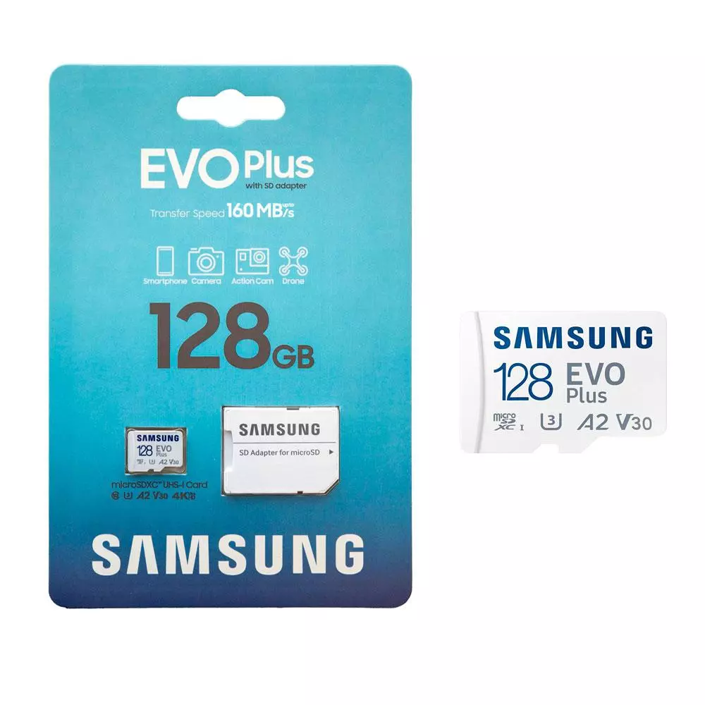 Micro Sd Xc Samsung Evo Plus UHS-I U3 V30 A2 / 128Gb / 160mb/s Clase 10 / Incluye Adaptador Sd / MB-MC128SA