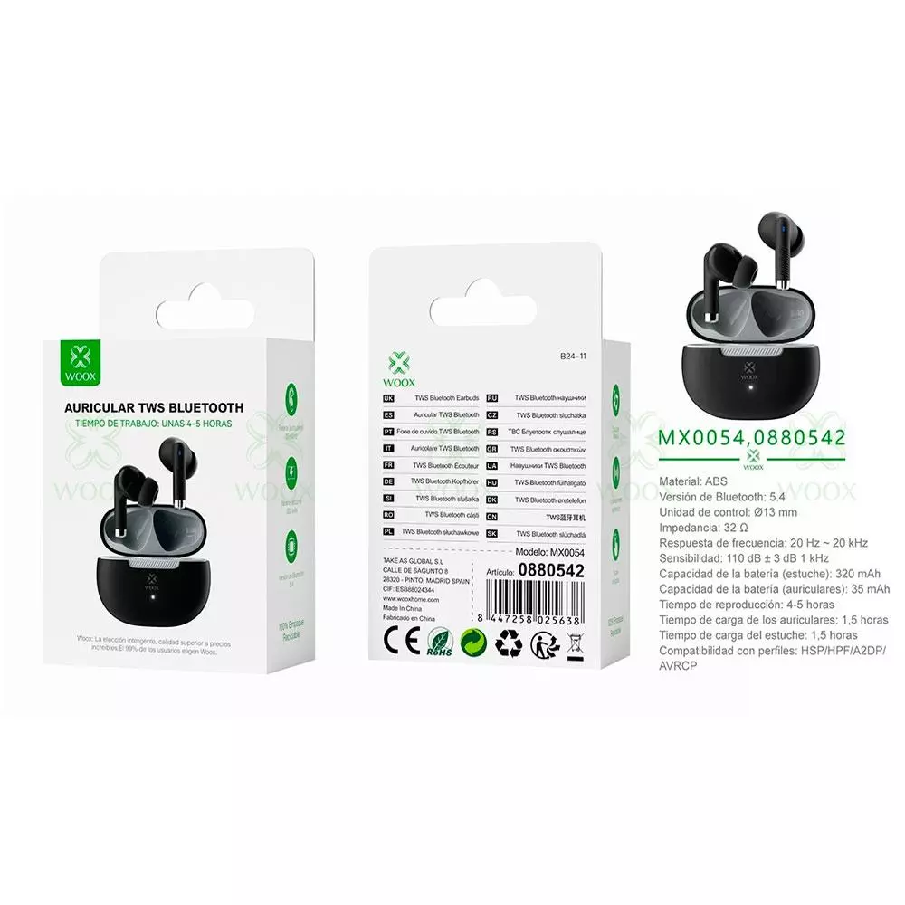 Auriculares Inal&aacute;mbricos Bluetooth 5.4 MX0054 / Tws / Base de carga / Negro / Woox / 0880542