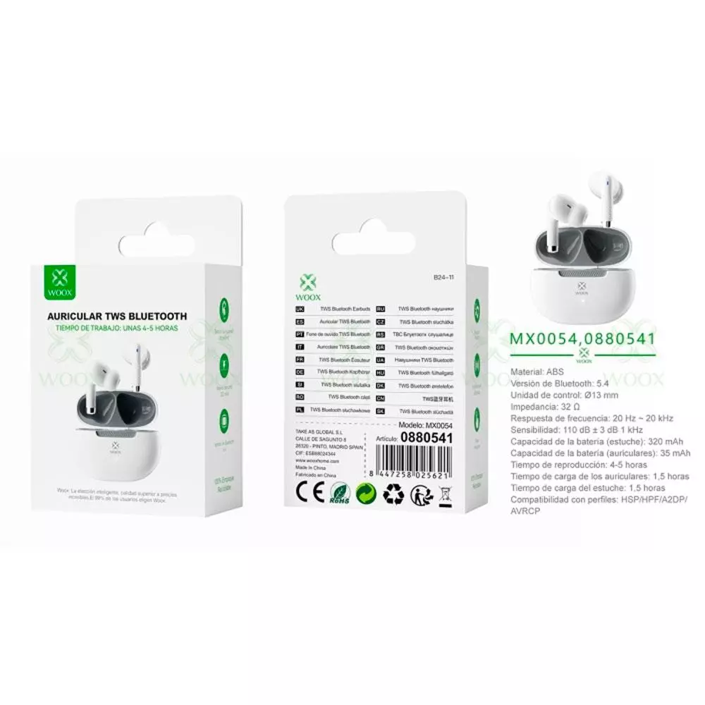 Auriculares Inal&aacute;mbricos Bluetooth 5.4 MX0054 / Tws / Base de carga / Blanco / Woox / 0880541
