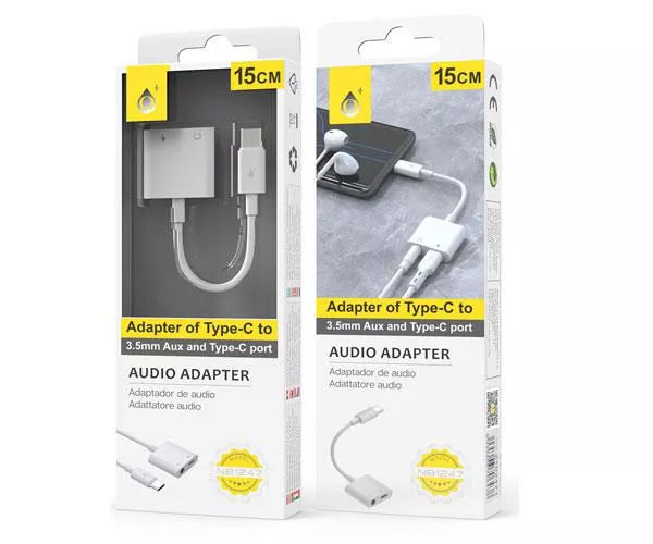 Cable adaptador de audio 2 en 1 Type-c a Jack 3.5mm Hembra + entrada carga / 2.4a / NB1247 / Blanco