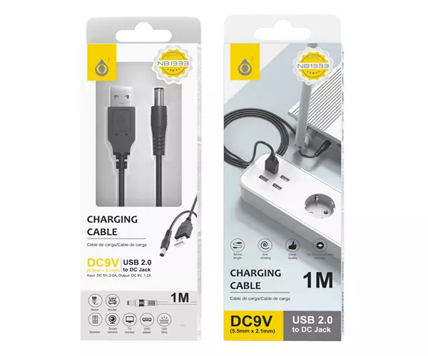 Cable de carga USB con conector jack DC 9V / 2a / 5.5x2.1mm / NB1333 / Negro