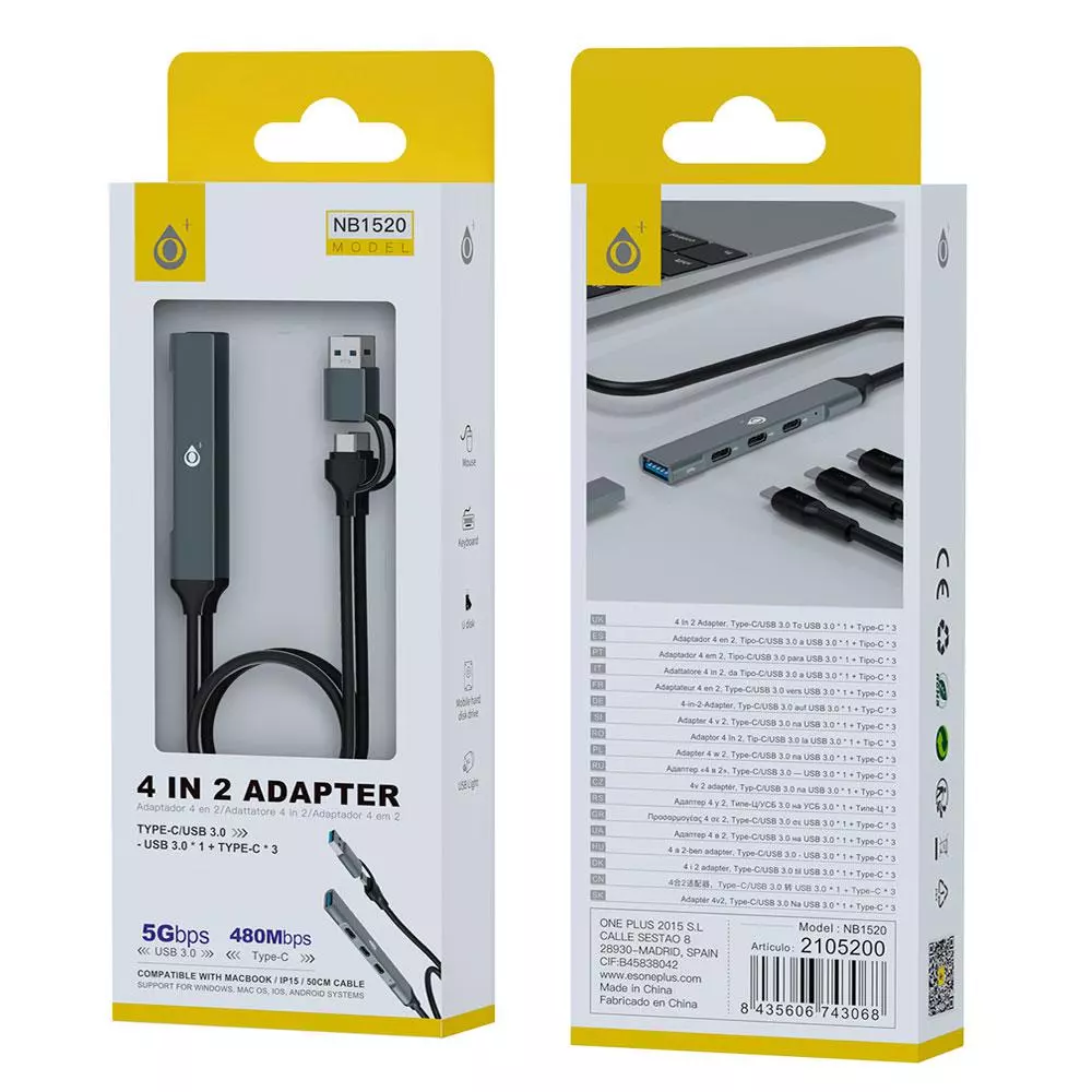Hub adaptador Type-C + USB 3.0 a 3x Type-C + 1x Usb 3.0 / OTG / NB1520 / Negro / One+