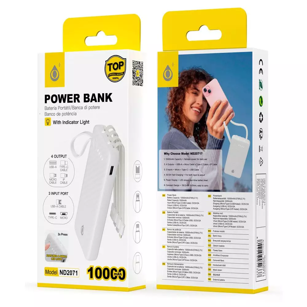 PowerBank ND2071 Type-C / 10000 mah / 1xType-c / MicroUsb / Usb / Blanco / ONE+