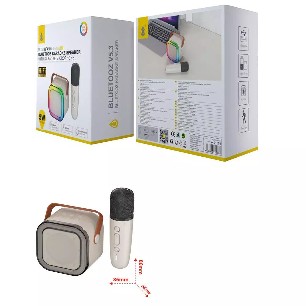 Altavoz Karaoke Bluetooth 5.3 + Microfono / NF4105 / 5w / Aux / Micro SD / Luces Led / Blanco / 2401051 / One+